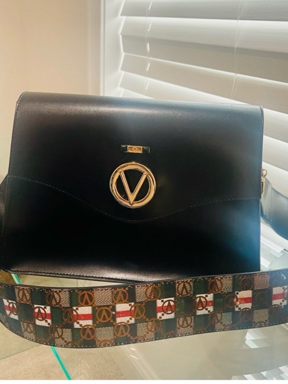 Valentino Black Leather Shoulder Bag with Gold V Logo